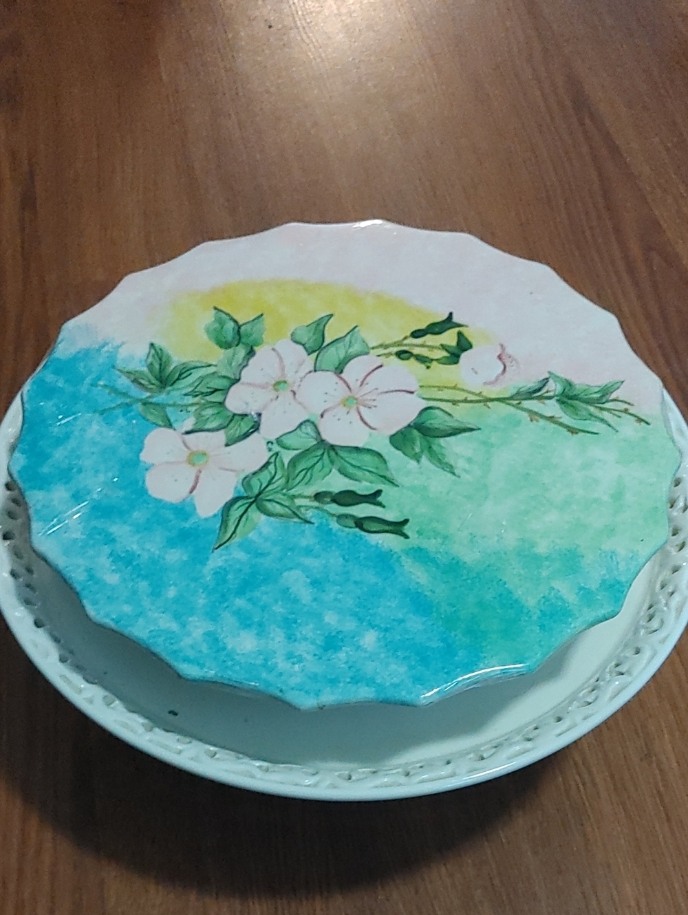 Vintage Floral Hand-Painted Cake Plate - Aqua & Pastel